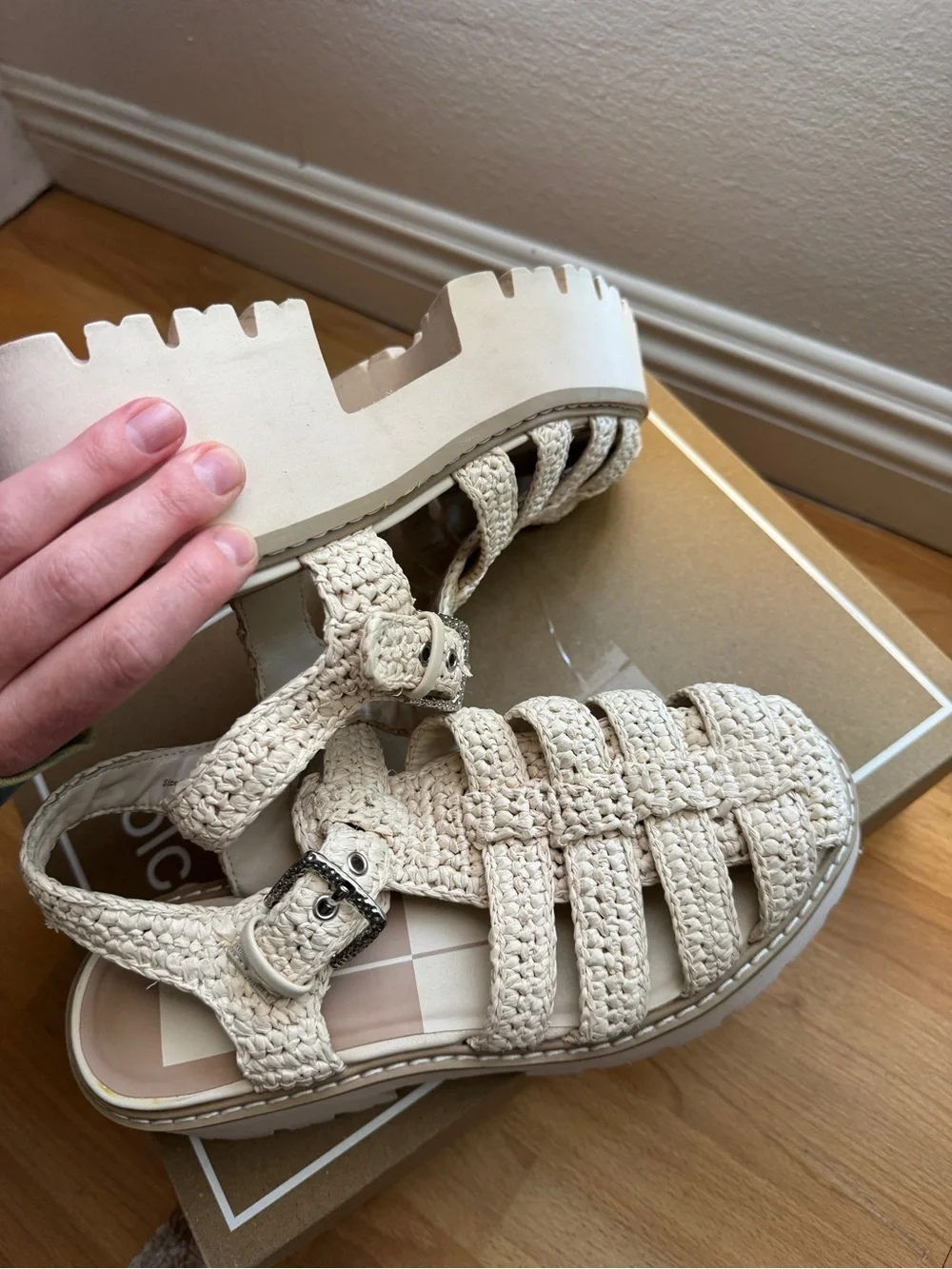 Dolce Vita Lasley raffia lattice Platform Sandals in the bone color